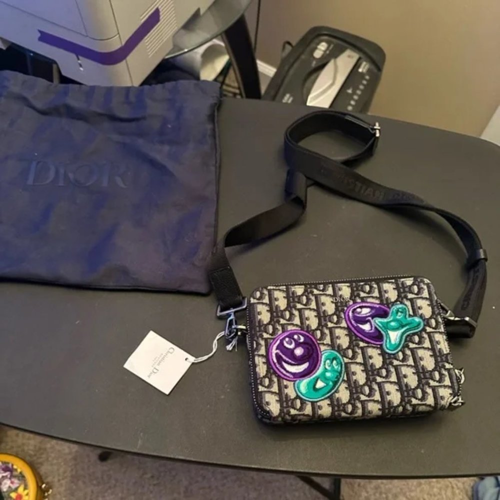 Dior x Kenny Scharf double zip Crossbody pouch oblique canvas with appliqué